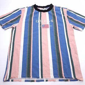 Vintage Guess Shirt Mens Size Medium Striped Pink And Blue American Flag